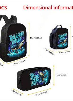 3 Pezzi Tralalero Tralala&Italian Brainrot Set Zaino, Borsa in Poliestere per Uomini e Donne, 1*Borsa Pranzo, 1*Astuccio Portapenne, Spallacci Regolabili, Doppie Cerniere, Ideale per Pendolarismo, Viaggi e Attività All'Aperto