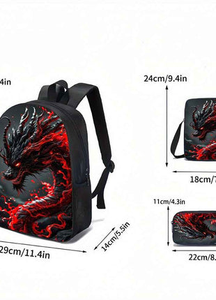 Zaino Testa di Drago Feroce 3 pezzi, inclusi portapranzo e astuccio per matite, adatto per la scuola quotidiana, l'arrampicata su roccia e sport all'aperto