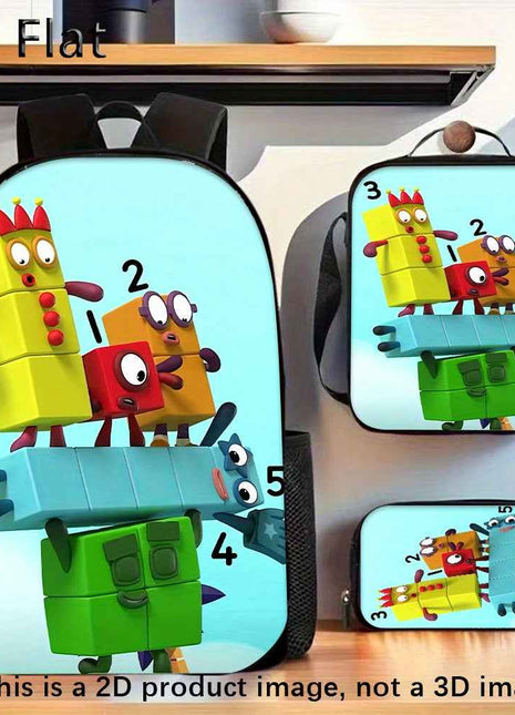 3pcs Set Zaino Numberblocks Include uno Zaino di Grande Capacità, una Penne e un Borsa Pranzo con Cerniera e Spalline Regolabili, Un'ottimo Regalo per Viaggi e Pendolarismo
