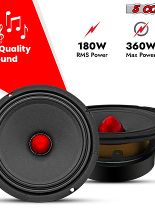 5Core 6.5 Inch Midrange Car Door Speaker 360W Subwoofer w Aluminum Bullet 4Ω Sub Woofer - Riparo82