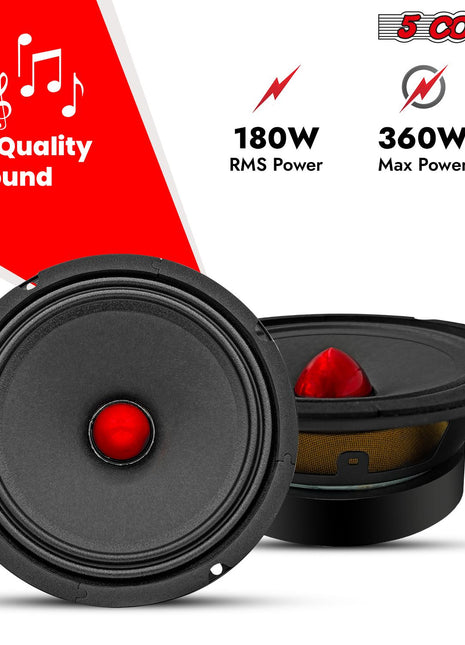 5Core 6.5 Inch Midrange Car Door Speaker 360W Subwoofer w Aluminum Bullet 4Ω Sub Woofer - Riparo82