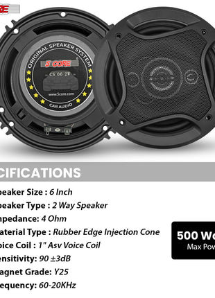5 Core 2 Way 6" Car Speaker 500W Coaxial Component Speaker Universal Quick Easy Fit for Cars - Riparo82