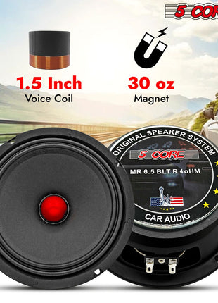 5Core 6.5 Inch Midrange Car Door Speaker 360W Subwoofer w Aluminum Bullet 4Ω Sub Woofer - Riparo82