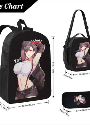 Set di tre pezzi con personaggio di anime con occhi rossi, leggero e resistente, stile cartone animato carino include zaino, borsa pranzo e astuccio per matite in un set regalo di Natale, adatto per i viaggi quotidiani, per adolescenti