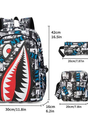 3 Pezzi Set di Borsa a Spalla, Tracolla e Astuccio - Zaino Campus Grande Capacità con Stampa Squalo per la Stagione del Ritorno a Scuola Unisex
