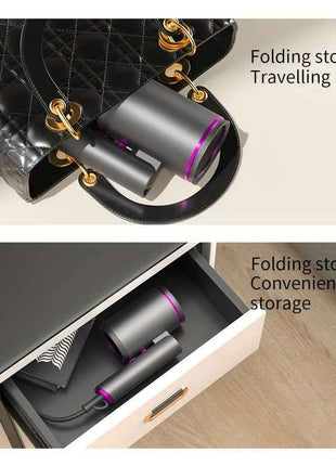 Professional Ionic Hair Dryer Blow Dryer with Diffuser and Concentrator and Hanging rack for Curly Hair Negative Ions Dryer with Ceramic Technology Nozzle for Fast Drying as Salon Light and Quiet, Folding Travel