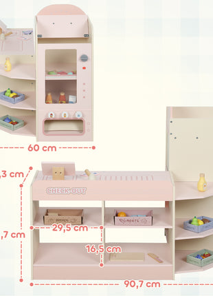 Aiyaplay Supermercato giocattolo in legno con distributore automatico registratore di cassa 3 ripiani aperti 4 scomparti Rosa - riparo82