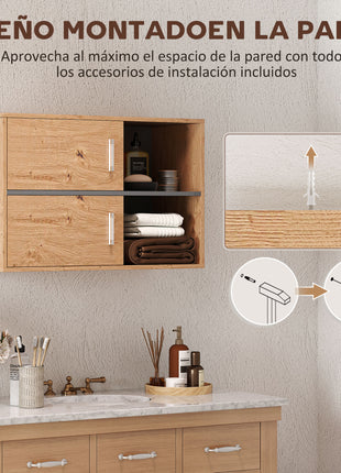 Homcom Mobile da bagno a parete con scomparti aperti e 2 ante Mobili da bagno moderni 80X35X57,5 cm Naturale