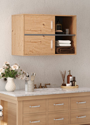 Homcom Mobile da bagno a parete con scomparti aperti e 2 ante Mobili da bagno moderni 80X35X57,5 cm Naturale