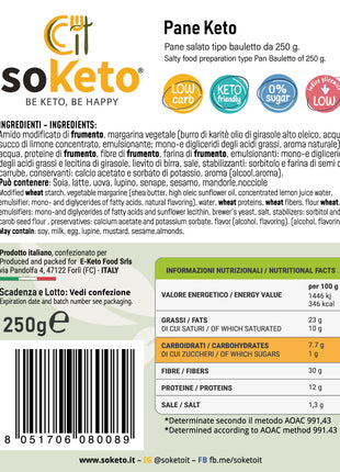 Pan Bauletto Keto Low Carb 12g Proteine 4.8g Carb per 100g - SOKETO Pane Proteico 28g Fibre Olio Cocco - Basso IG per Diabetici Tipo Sandwich - 250g
