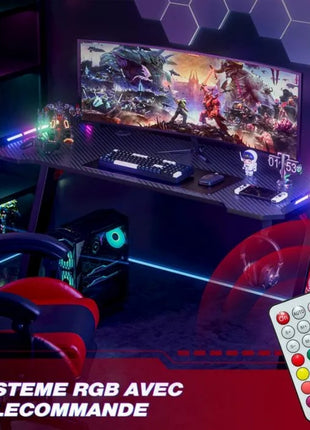 Scrivania da gioco a LED WeValley scrivania da gioco grande 140 x 60 cm con piano in fibra di carbonio scrivania ergonomica per computer con tappetino per mouse portabicchieri e gancio per cuffie nera