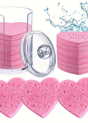 50 Confezioni di Spugne Facciali Compresse a Forma di Cuore con Contenitore  Ipoallergeniche Senza Alcool Non Profumate Riutilizzabili per Tutti i Tipi di Pelle  Esfoliante Naturale in Cellulosa e Struccante