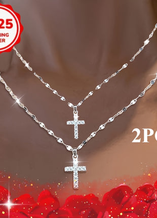 2 eleganti collane con pendente a croce labbra in argento sterling 925 e zirconi sintetici cubici scintillanti perfette per uso quotidiano e regali