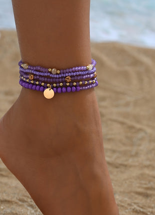 Stile Bohemiano Set di 5 Pezzi di Cavigliere in Vetro con Perle Purpuree e Accenti in Oro con Ciondolo Tondo a Forma di Pendente per Donne  Collezione di Cavigliere Estive da Vacanza al Mare e da Indossare Quotidianamente Non Placcati