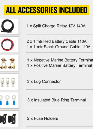VEVOR Split Charge Relay Kit Voltage Sense Relay Professional 12V 140AMP W/ 2/4/5/6 mtr Battery Cable for ATVs UTVs RVs Camping - Riparo82