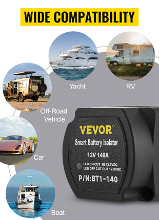 VEVOR Split Charge Relay Kit Voltage Sense Relay Professional 12V 140AMP W/ 2/4/5/6 mtr Battery Cable for ATVs UTVs RVs Camping - Riparo82